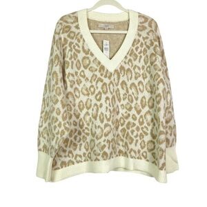 LOFT Cream and Brown Animal Print V-Neck Sweater
